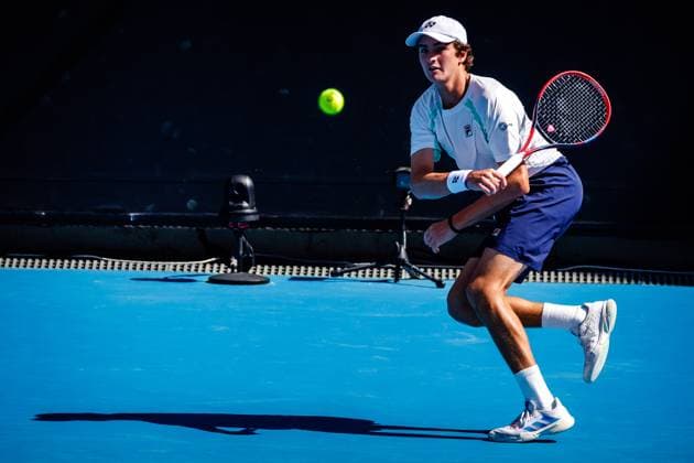 Joao Fonseca ATP, Tennis Herren 952) pictured during a tennis match between Belgian-Brazilian pair Blockx-Fonseca and American pair Tien-Williams, in the final of the junior boys doubles at the Australian Open tennis Grand Slam, Friday 27 January 2023 in Melbourne Park, Melbourne, Australia. PATRICKxHAMILTON  x58801942x