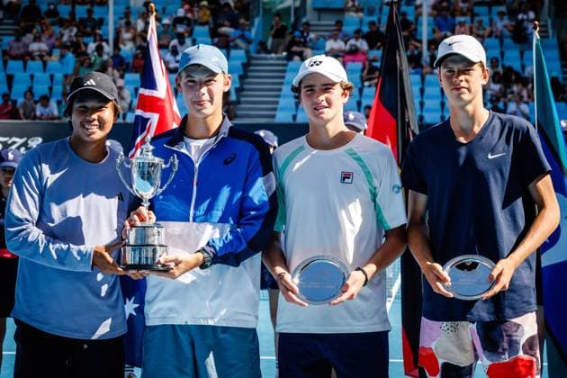 Learner Tien ATP, Tennis Herren 1111), Cooper Williams (ATP 860), Joao Fonseca (ATP 952) and Alexander Blockx (ATP 1306) pictured after a tennis match between Belgian-Brazilian pair Blockx-Fonseca and American pair Tien-Williams, in the final of the junior boys doubles at the Australian Open tennis Grand Slam, Friday 27 January 2023 in Melbourne Park, Melbourne, Australia. PATRICKxHAMILTON  x58801984x