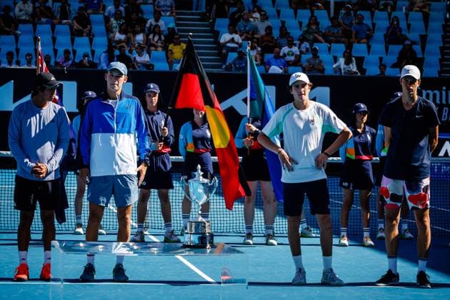Learner Tien ATP, Tennis Herren 1111), Cooper Williams (ATP 860), Joao Fonseca (ATP 952) and Alexander Blockx (ATP 1306) pictured after a tennis match between Belgian-Brazilian pair Blockx-Fonseca and American pair Tien-Williams, in the final of the junior boys doubles at the Australian Open tennis Grand Slam, Friday 27 January 2023 in Melbourne Park, Melbourne, Australia. PATRICKxHAMILTON  x58802089x