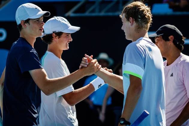 Alexander Blockx ATP, Tennis Herren 1306), Joao Fonseca (ATP 952), Cooper Williams (ATP 860) and Learner Tien (ATP 1111) pictured after a tennis match between Belgian-Brazilian pair Blockx-Fonseca and American pair Tien-Williams, in the final of the junior boys doubles at the Australian Open tennis Grand Slam, Friday 27 January 2023 in Melbourne Park, Melbourne, Australia. PATRICKxHAMILTON  x58802204x