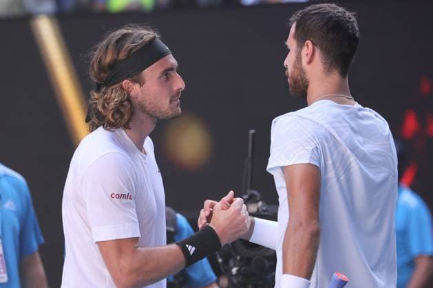 Stefanos Tsitsipas of Greece celebrates defeating Karen Khachanov 7-6 6-4 6-7 6-3 in the Semi Final match, Day 12 at the Australian Open Tennis 2023 at Rod Laver Arena, Melbourne, Australia on 27 January 2023. Copyright: xPeterxDovganx 34782472