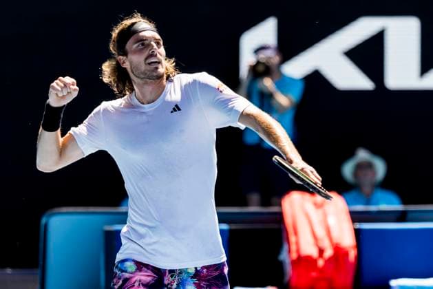 MELBOURNE, VIC - JANUARY 27: Stefanos Tsitsipas of Greece celebrates during the Semifinals of the 2023 Australian Open on January 27 2023, at Melbourne Park in Melbourne, Australia. (Photo by Jason Heidrich Icon Sportswire) TENNIS: JAN 27 Australian Open Icon230127015