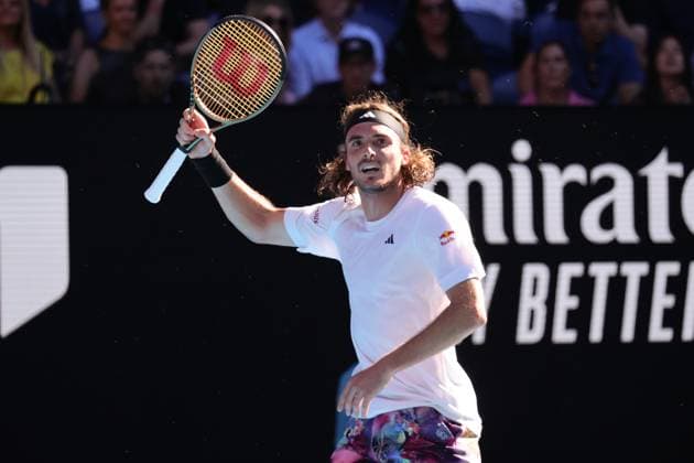 Stefanos Tsitsipas of Greece in action against Karen Khachanov during the Semi Final match, Day 12 at the Australian Open Tennis 2023 at Rod Laver Arena, Melbourne, Australia on 27 January 2023. Copyright: xPeterxDovganx 34782516