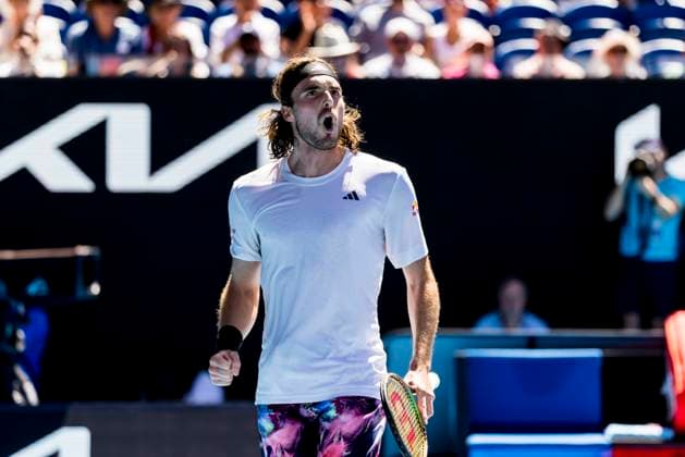 MELBOURNE, VIC - JANUARY 27: Stefanos Tsitsipas of Greece celebrates during the Semifinals of the 2023 Australian Open on January 27 2023, at Melbourne Park in Melbourne, Australia. (Photo by Jason Heidrich Icon Sportswire) TENNIS: JAN 27 Australian Open Icon230127017