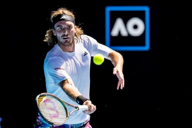 MELBOURNE, VIC - JANUARY 27: Stefanos Tsitsipas of Greece in action during the Semifinals of the 2023 Australian Open on January 27 2023, at Melbourne Park in Melbourne, Australia. (Photo by Jason Heidrich Icon Sportswire) TENNIS: JAN 27 Australian Open Icon230127019