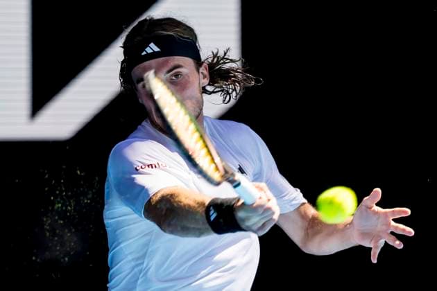 MELBOURNE, VIC - JANUARY 27: Stefanos Tsitsipas of Greece in action during the Semifinals of the 2023 Australian Open on January 27 2023, at Melbourne Park in Melbourne, Australia. (Photo by Jason Heidrich Icon Sportswire) TENNIS: JAN 27 Australian Open Icon230127023