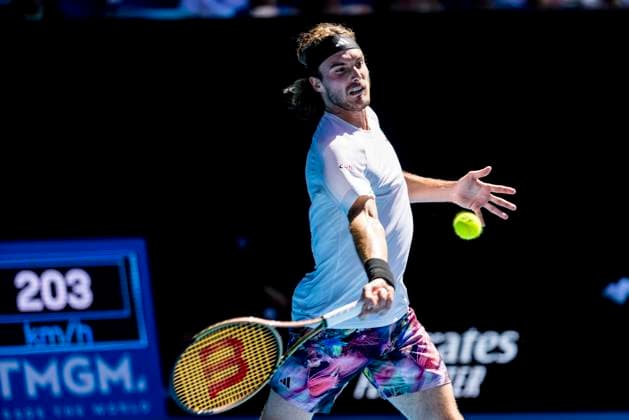 MELBOURNE, VIC - JANUARY 27: Stefanos Tsitsipas of Greece in action during the Semifinals of the 2023 Australian Open on January 27 2023, at Melbourne Park in Melbourne, Australia. (Photo by Jason Heidrich Icon Sportswire) TENNIS: JAN 27 Australian Open Icon230127025