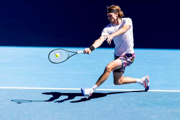 MELBOURNE, VIC - JANUARY 27: Stefanos Tsitsipas of Greece in action during the Semifinals of the 2023 Australian Open on January 27 2023, at Melbourne Park in Melbourne, Australia. (Photo by Jason Heidrich Icon Sportswire) TENNIS: JAN 27 Australian Open Icon230127029