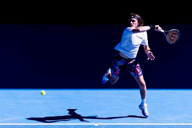 MELBOURNE, VIC - JANUARY 27: Stefanos Tsitsipas of Greece in action during the Semifinals of the 2023 Australian Open on January 27 2023, at Melbourne Park in Melbourne, Australia. (Photo by Jason Heidrich Icon Sportswire) TENNIS: JAN 27 Australian Open Icon230127048