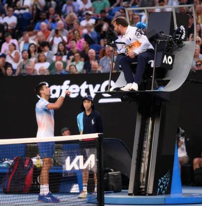 Mandatory Credit: Photo by James Gourley Shutterstock (13736332el) Novak Djokovic of Serbia argues with the umpire Australian Open, Day Twelve, Tennis, Melbourne Park, Melbourne, Australia - 27 Jan 2023 Australian Open, Day Twelve, Tennis, Melbourne Park, Melbourne, Australia - 27 Jan 2023  Copyright: xJamesxGourley Shutterstockx 13736332el