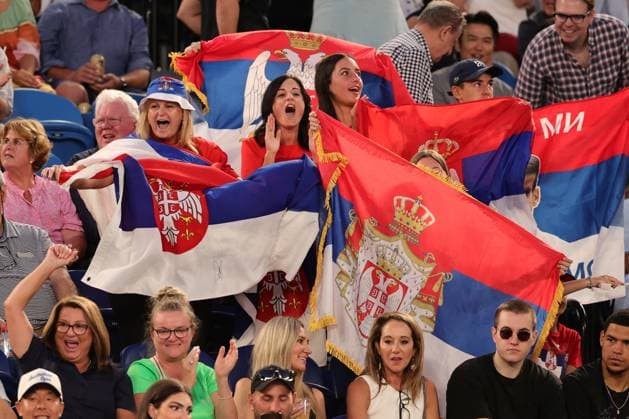 Serbian fans react in the match Novak Djokovic of Serbia against Tommy Paul of USA during the Semi Final match, Day 12 at the Australian Open Tennis 2023 at Rod Laver Arena, Melbourne, Australia on 27 January 2023. Copyright: xPeterxDovganx 34782553