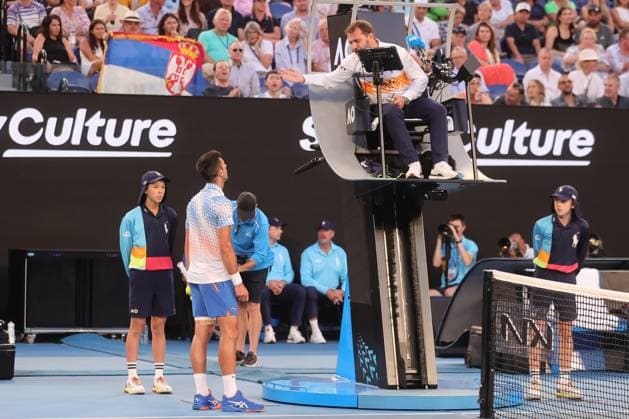 Novak Djokovic of Serbia reacts to the chair umpire against Tommy Paul of USA during the Semi Final match, Day 12 at the Australian Open Tennis 2023 at Rod Laver Arena, Melbourne, Australia on 27 January 2023. Copyright: xPeterxDovganx 34782555
