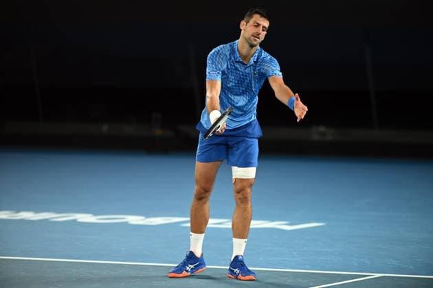 TENNIS AUSTRALIAN OPEN, Novak Djokovic of Serbia reacts after missing a shot during the Men?s semi final match against Tommy Paul of the United States at the 2023 Australian Open tennis championship at Melbourne Park in Melbourne, Friday January 27, 2023. ( NO ARCHIVING, EDITORIAL USE ONLY, NO USE IN BOOKS WITHOUT CONSENT MELBOURNE VICTORIA AUSTRALIA  Copyright: xJOELxCARRETTx 20230127001757128992