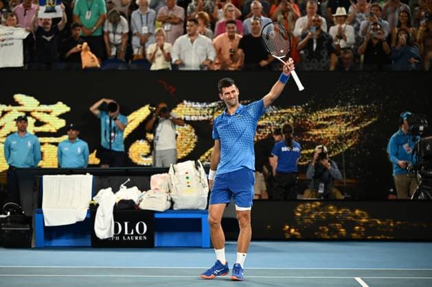 TENNIS AUSTRALIAN OPEN, Novak Djokovic of Serbia celebrates after winning the Men?s semi final match against Tommy Paul of the United States at the 2023 Australian Open tennis championship at Melbourne Park in Melbourne, Friday January 27, 2023. ( NO ARCHIVING, EDITORIAL USE ONLY, NO USE IN BOOKS WITHOUT CONSENT MELBOURNE VICTORIA AUSTRALIA  Copyright: xJOELxCARRETTx 20230127001757137109