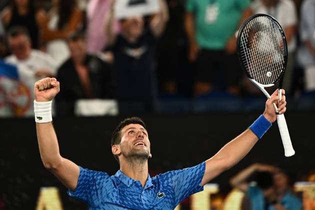 TENNIS AUSTRALIAN OPEN, Novak Djokovic of Serbia celebrates after winning the Men?s semi final match against Tommy Paul of the United States at the 2023 Australian Open tennis championship at Melbourne Park in Melbourne, Friday January 27, 2023. ( NO ARCHIVING, EDITORIAL USE ONLY, NO USE IN BOOKS WITHOUT CONSENT MELBOURNE VICTORIA AUSTRALIA  Copyright: xJOELxCARRETTx 20230127001757137705