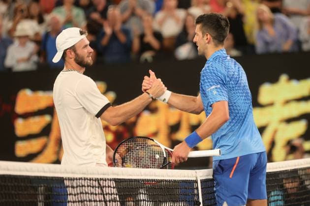 Novak Djokovic of Serbia celebrates defeating Tommy Paul of USA 7-5 6-1 6-2 during the Semi Final match, Day 12 at the Australian Open Tennis 2023 at Rod Laver Arena, Melbourne, Australia on 27 January 2023. Copyright: xPeterxDovganx 34782560