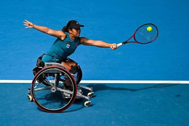 TENNIS AUSTRALIAN OPEN, Yui Kamiji of Japan returns during her Women?s Wheelchair singles final match against Diede De Groot of the Netherlands at the 2023 Australian Open tennis championship at Melbourne Park in Melbourne, Saturday, January 28, 2023. ( NO ARCHIVING, EDITORIAL USE ONLY, NO USE IN BOOKS WITHOUT CONSENT MELBOURNE VICTORIA AUSTRALIA  Copyright: xLUKASxCOCHx 20230128001757384944