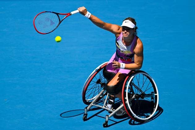 TENNIS AUSTRALIAN OPEN, Diede De Groot of the Netherlands serves during her Women?s Wheelchair singles final match against Yui Kamiji of Japan at the 2023 Australian Open tennis championship at Melbourne Park in Melbourne, Saturday, January 28, 2023. ( NO ARCHIVING, EDITORIAL USE ONLY, NO USE IN BOOKS WITHOUT CONSENT MELBOURNE VICTORIA AUSTRALIA  Copyright: xLUKASxCOCHx 20230128001757385349