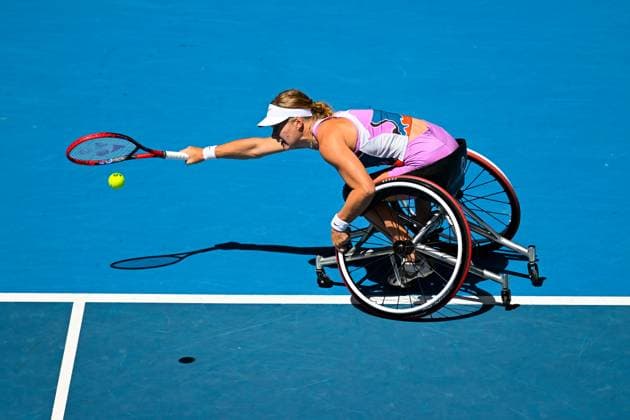 TENNIS AUSTRALIAN OPEN, Diede De Groot of the Netherlands returns during her Women?s Wheelchair singles final match against Yui Kamiji of Japan at the 2023 Australian Open tennis championship at Melbourne Park in Melbourne, Saturday, January 28, 2023. ( NO ARCHIVING, EDITORIAL USE ONLY, NO USE IN BOOKS WITHOUT CONSENT MELBOURNE VICTORIA AUSTRALIA  Copyright: xLUKASxCOCHx 20230128001757385683