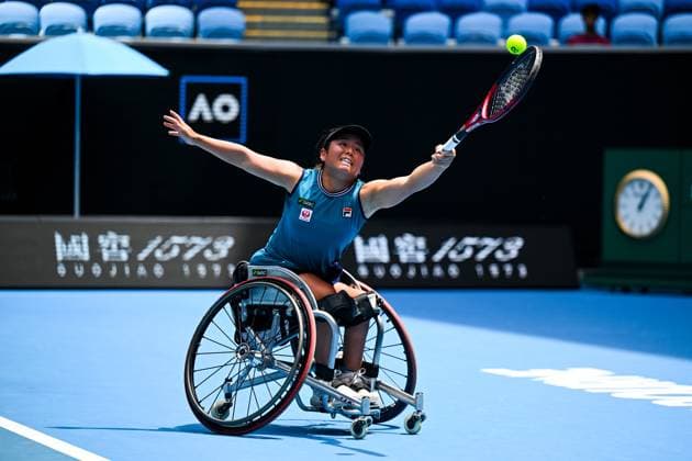 TENNIS AUSTRALIAN OPEN, Yui Kamiji of Japan returns during her Women?s Wheelchair singles final match against Diede De Groot of the Netherlands at the 2023 Australian Open tennis championship at Melbourne Park in Melbourne, Saturday, January 28, 2023. ( NO ARCHIVING, EDITORIAL USE ONLY, NO USE IN BOOKS WITHOUT CONSENT MELBOURNE VICTORIA AUSTRALIA  Copyright: xLUKASxCOCHx 20230128001757396602