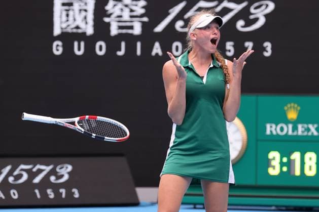 Alina Korneeva reacts to defeating Mirra Andreeva in the Girls Final match 6-7 6-4 7-5, Day 13 at the Australian Open Tennis 2023 at Rod Laver Arena, Melbourne, Australia on 28 January 2023. Copyright: xPeterxDovganx 34782612