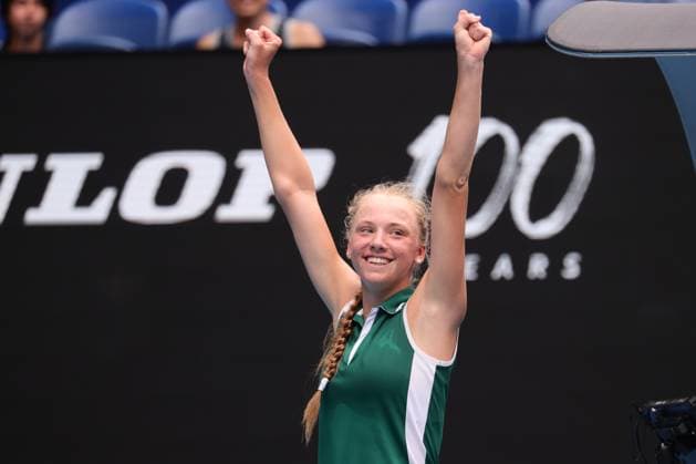 Alina Korneeva reacts to defeating Mirra Andreeva in the Girls Final match 6-7 6-4 7-5, Day 13 at the Australian Open Tennis 2023 at Rod Laver Arena, Melbourne, Australia on 28 January 2023. Copyright: xPeterxDovganx 34782617