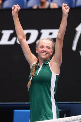 Alina Korneeva reacts to defeating Mirra Andreeva in the Girls Final match 6-7 6-4 7-5, Day 13 at the Australian Open Tennis 2023 at Rod Laver Arena, Melbourne, Australia on 28 January 2023. Copyright: xPeterxDovganx 34782618