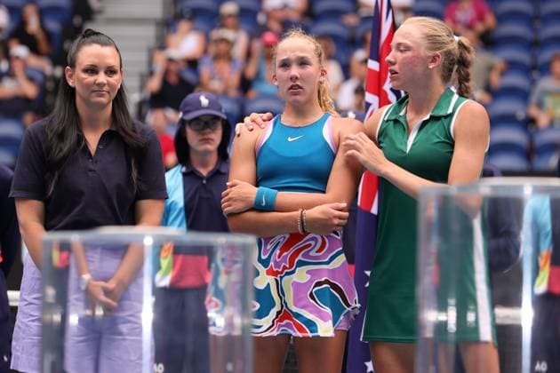 Champion Alina Korneeva and Runner Up Mirra Andreeva during the ceremony in the Girls Final match, Day 13 at the Australian Open Tennis 2023 at Rod Laver Arena, Melbourne, Australia on 28 January 2023. Copyright: xPeterxDovganx 34782622