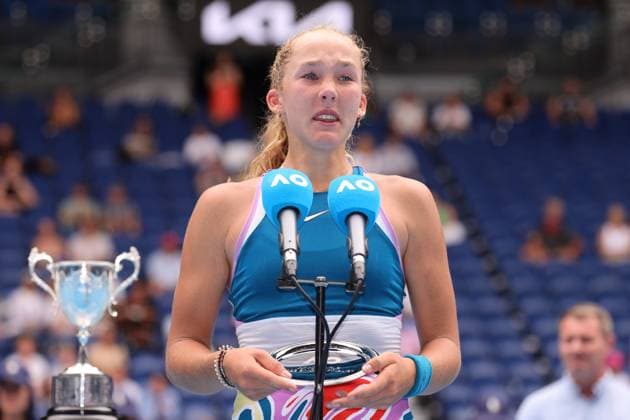 Runners Up Mirra Andreeva in the Girls Final match gives a speech , Day 13 at the Australian Open Tennis 2023 at Rod Laver Arena, Melbourne, Australia on 28 January 2023. Copyright: xPeterxDovganx 34782624