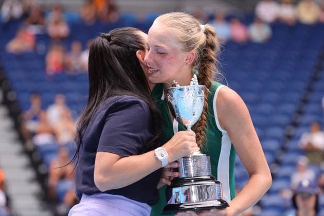 Casey Dellacqua presents Alina Korneeva with her Champions trophy in the Girls Final match, Day 13 at the Australian Open Tennis 2023 at Rod Laver Arena, Melbourne, Australia on 28 January 2023. Copyright: xPeterxDovganx 34782626