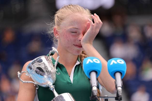 Alina Korneeva with her Champions trophy in the Girls Final match, Day 13 at the Australian Open Tennis 2023 at Rod Laver Arena, Melbourne, Australia on 28 January 2023. Copyright: xPeterxDovganx 34782629
