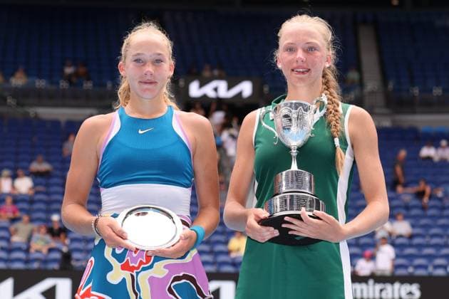 Champion Alina Korneeva and Runner Up Mirra Andreeva during the ceremony in the Girls Final match, Day 13 at the Australian Open Tennis 2023 at Rod Laver Arena, Melbourne, Australia on 28 January 2023. Copyright: xPeterxDovganx 34782633