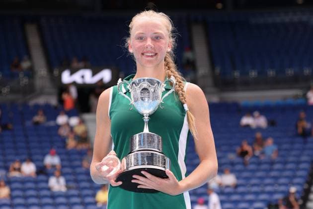 Alina Korneeva with her Champions trophy in the Girls Final match, Day 13 at the Australian Open Tennis 2023 at Rod Laver Arena, Melbourne, Australia on 28 January 2023. Copyright: xPeterxDovganx 34782635