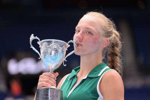 Alina Korneeva kisses her Champions trophy in the Girls Final match, Day 13 at the Australian Open Tennis 2023 at Rod Laver Arena, Melbourne, Australia on 28 January 2023. Copyright: xPeterxDovganx 34782640