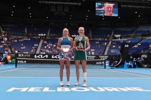 Champion Alina Korneeva and Runner Up Mirra Andreeva during the ceremony in the Girls Final match, Day 13 at the Australian Open Tennis 2023 at Rod Laver Arena, Melbourne, Australia on 28 January 2023. Copyright: xPeterxDovganx 34782641