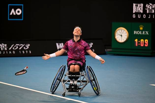 TENNIS AUSTRALIAN OPEN, Alfie Hewett of Great Britain celebrates after winning his Men?s Wheelchair singles final match against Tokito Oda of Japan at the 2023 Australian Open tennis championship at Melbourne Park in Melbourne, Saturday, January 28, 2023. ( NO ARCHIVING, EDITORIAL USE ONLY, NO USE IN BOOKS WITHOUT CONSENT MELBOURNE VICTORIA AUSTRALIA  Copyright: xLUKASxCOCHx 20230128001757440014
