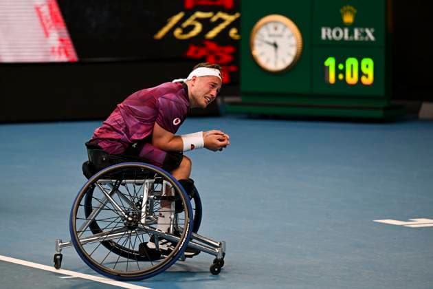 TENNIS AUSTRALIAN OPEN, Alfie Hewett of Great Britain celebrates after winning his Men?s Wheelchair singles final match against Tokito Oda of Japan at the 2023 Australian Open tennis championship at Melbourne Park in Melbourne, Saturday, January 28, 2023. ( NO ARCHIVING, EDITORIAL USE ONLY, NO USE IN BOOKS WITHOUT CONSENT MELBOURNE VICTORIA AUSTRALIA  Copyright: xLUKASxCOCHx 20230128001757440339
