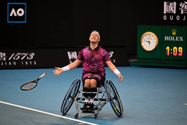 TENNIS AUSTRALIAN OPEN, Alfie Hewett of Great Britain celebrates after winning his Men?s Wheelchair singles final match against Tokito Oda of Japan at the 2023 Australian Open tennis championship at Melbourne Park in Melbourne, Saturday, January 28, 2023. ( NO ARCHIVING, EDITORIAL USE ONLY, NO USE IN BOOKS WITHOUT CONSENT MELBOURNE VICTORIA AUSTRALIA  Copyright: xLUKASxCOCHx 20230128001757440439