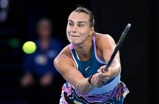 TENNIS AUSTRALIAN OPEN, Aryna Sabalenka of Belarus returns to Elena Rybakina of Kazakhstan during the women?s singles final at the 2023 Australian Open tennis championship at Melbourne Park in Melbourne, Saturday, January 28, 2023. ( NO ARCHIVING, EDITORIAL USE ONLY, NO USE IN BOOKS WITHOUT CONSENT MELBOURNE VICTORIA AUSTRALIA  Copyright: xJAMESxROSSx 20230128001757455886