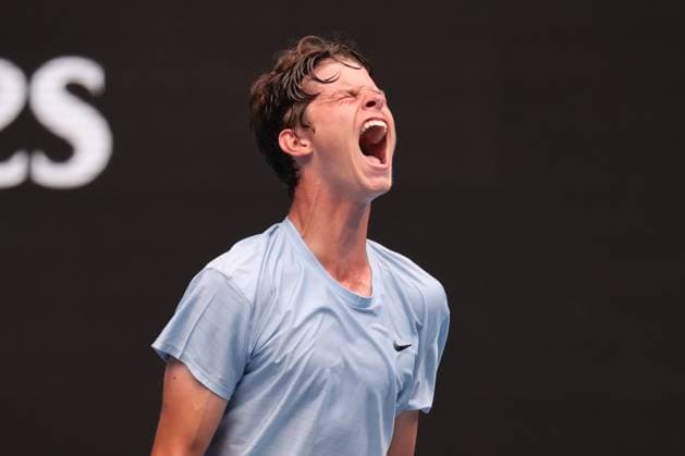 Alexander Blockx of Belgium reacts against Learner Tien of USA in the Boys Final match, Day 13 at the Australian Open Tennis 2023 at Rod Laver Arena, Melbourne, Australia on 28 January 2023. Copyright: xPeterxDovganx 34782650