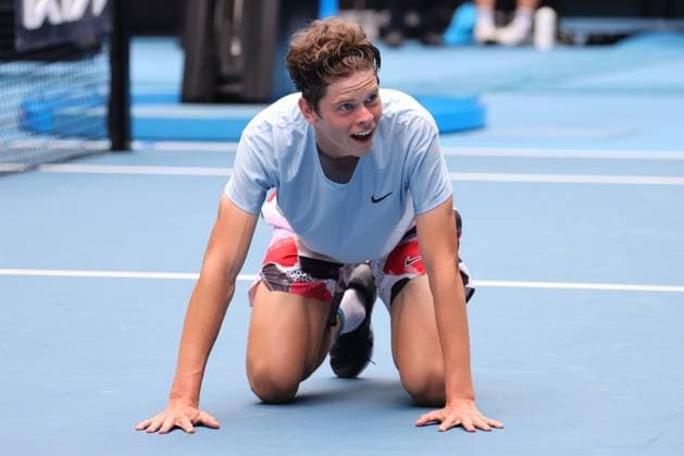 Alexander Blockx of Belgium reacts after defeating Learner Tien of USA 6-1 2-6 7-6 in the Boys Final match, Day 13 at the Australian Open Tennis 2023 at Rod Laver Arena, Melbourne, Australia on 28 January 2023. Copyright: xPeterxDovganx 34782668