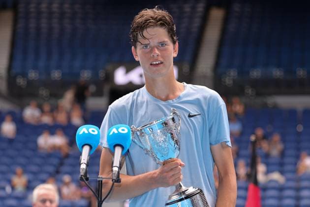 Champion Alexander Blockx of Belgium poses with trophy after the Boys Final match, Day 13 at the Australian Open Tennis 2023 at Rod Laver Arena, Melbourne, Australia on 28 January 2023. Copyright: xPeterxDovganx 34782677