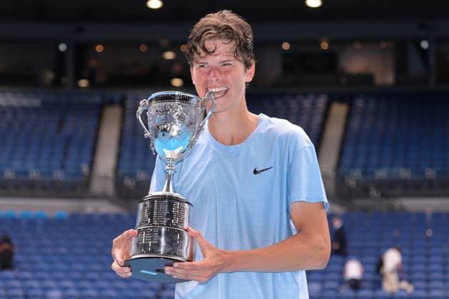 Champion Alexander Blockx of Belgium poses with trophy after the Boys Final match, Day 13 at the Australian Open Tennis 2023 at Rod Laver Arena, Melbourne, Australia on 28 January 2023. Copyright: xPeterxDovganx 34782683