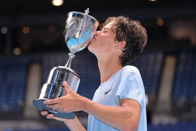 Champion Alexander Blockx of Belgium poses with trophy after the Boys Final match, Day 13 at the Australian Open Tennis 2023 at Rod Laver Arena, Melbourne, Australia on 28 January 2023. Copyright: xPeterxDovganx 34782684