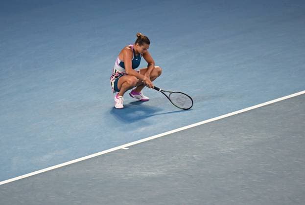 TENNIS AUSTRALIAN OPEN, Aryna Sabalenka of Belarus reacts during the women?s singles final against Elena Rybakina of Kazakhstan at the 2023 Australian Open tennis championship at Melbourne Park in Melbourne, Saturday, January 28, 2023. ( NO ARCHIVING, EDITORIAL USE ONLY, NO USE IN BOOKS WITHOUT CONSENT MELBOURNE VICTORIA AUSTRALIA  Copyright: xLUKASxCOCHx 20230128001757463889