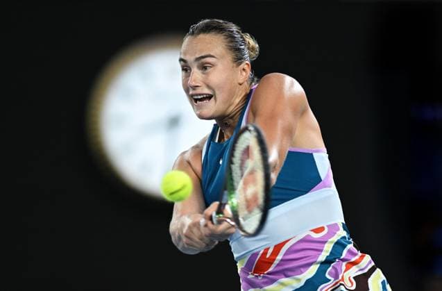 TENNIS AUSTRALIAN OPEN, Aryna Sabalenka of Belarus returns during the women?s singles final against Elena Rybakina of Kazakhstan at the 2023 Australian Open tennis championship at Melbourne Park in Melbourne, Saturday, January 28, 2023. ( NO ARCHIVING, EDITORIAL USE ONLY, NO USE IN BOOKS WITHOUT CONSENT MELBOURNE VICTORIA AUSTRALIA  Copyright: xJAMESxROSSx 20230128001757467057