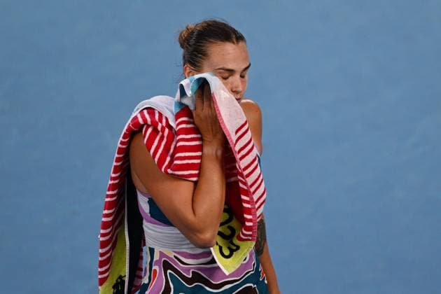 TENNIS AUSTRALIAN OPEN, Aryna Sabalenka of Russia reacts during the Women?s Singles Final against Elena Rybakina of Kazakhstan at the 2023 Australian Open tennis tournament at Melbourne Park in Melbourne, Saturday, January 28, 2023. ( NO ARCHIVING, EDITORIAL USE ONLY, NO USE IN BOOKS WITHOUT CONSENT MELBOURNE VICTORIA AUSTRALIA  Copyright: xLUKASxCOCHx 20230128001757467838