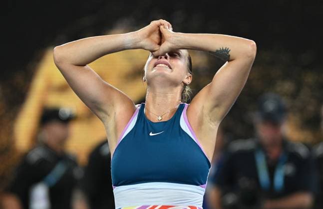TENNIS AUSTRALIAN OPEN, Aryna Sabalenka of Belarus reacts after defeating Elena Rybakina of Kazakhstan in the women?s singles final at the 2023 Australian Open tennis championship at Melbourne Park in Melbourne, Saturday, January 28, 2023. ( NO ARCHIVING, EDITORIAL USE ONLY, NO USE IN BOOKS WITHOUT CONSENT MELBOURNE VICTORIA AUSTRALIA  Copyright: xJAMESxROSSx 20230128001757491505