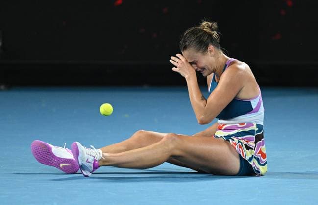 TENNIS AUSTRALIAN OPEN, Aryna Sabalenka of Belarus reacts after defeating Elena Rybakina of Kazakhstan in the women?s singles final at the 2023 Australian Open tennis championship at Melbourne Park in Melbourne, Saturday, January 28, 2023. ( NO ARCHIVING, EDITORIAL USE ONLY, NO USE IN BOOKS WITHOUT CONSENT MELBOURNE VICTORIA AUSTRALIA  Copyright: xJAMESxROSSx 20230128001757491762
