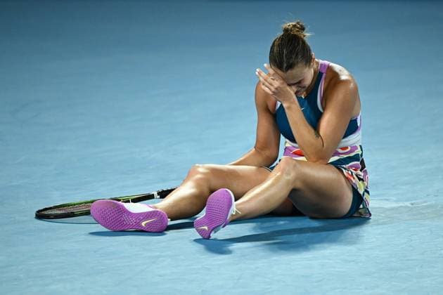 TENNIS AUSTRALIAN OPEN, Aryna Sabalenka of Belarus celebrates match point during the Women?s Singles Final against Elena Rybakina of Kazakhstan at the 2023 Australian Open tennis tournament at Melbourne Park in Melbourne, Saturday, January 28, 2023.( NO ARCHIVING, EDITORIAL USE ONLY, NO USE IN BOOKS WITHOUT CONSENT MELBOURNE VICTORIA AUSTRALIA  Copyright: xJOELxCARRETTx 20230128001757492110